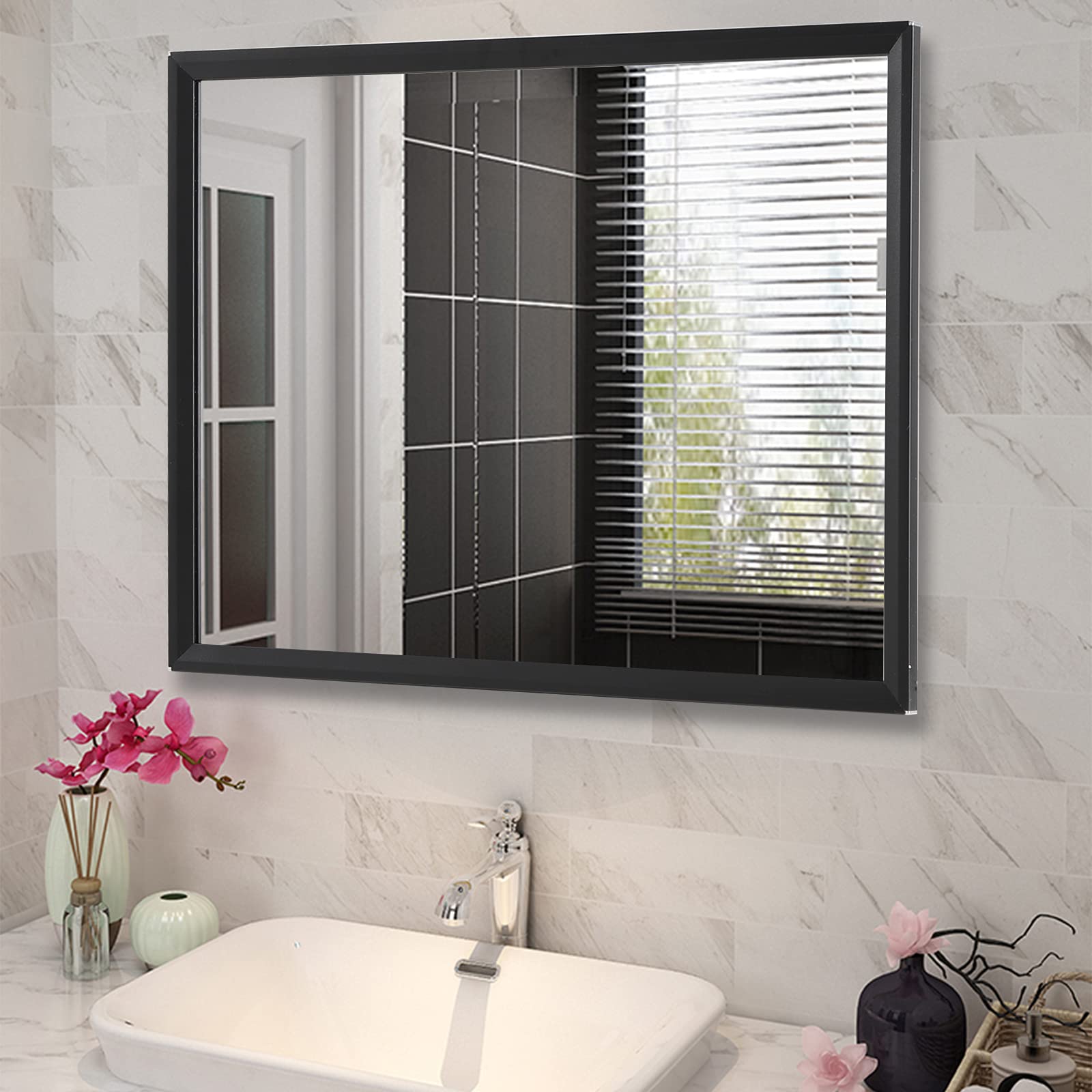 FABROK Wall Mirror 24x32 Inch for Bathroom, Rectangular Rounded Corners Hanging Mirror with Stainless Steel Frame, Decorative Wall Mounted Mirrors for Living Room(Black)