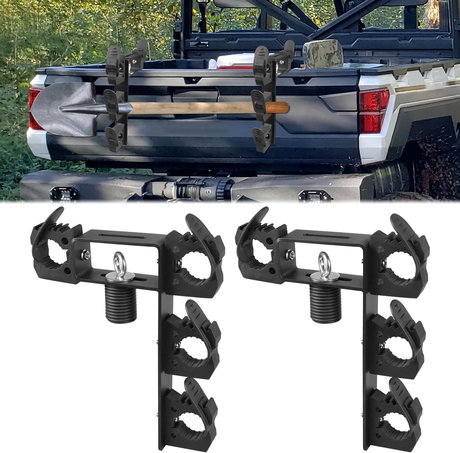 Dual Tool Hooks Rack Mount Holder Compatible With For UTV Polaris Ranger 1000 xp 900 800 700 500 570 General 1000 With 1-7/16" Hole Cargo Bed Mount Shovel Farm Hunting Tool Carrier Storage
