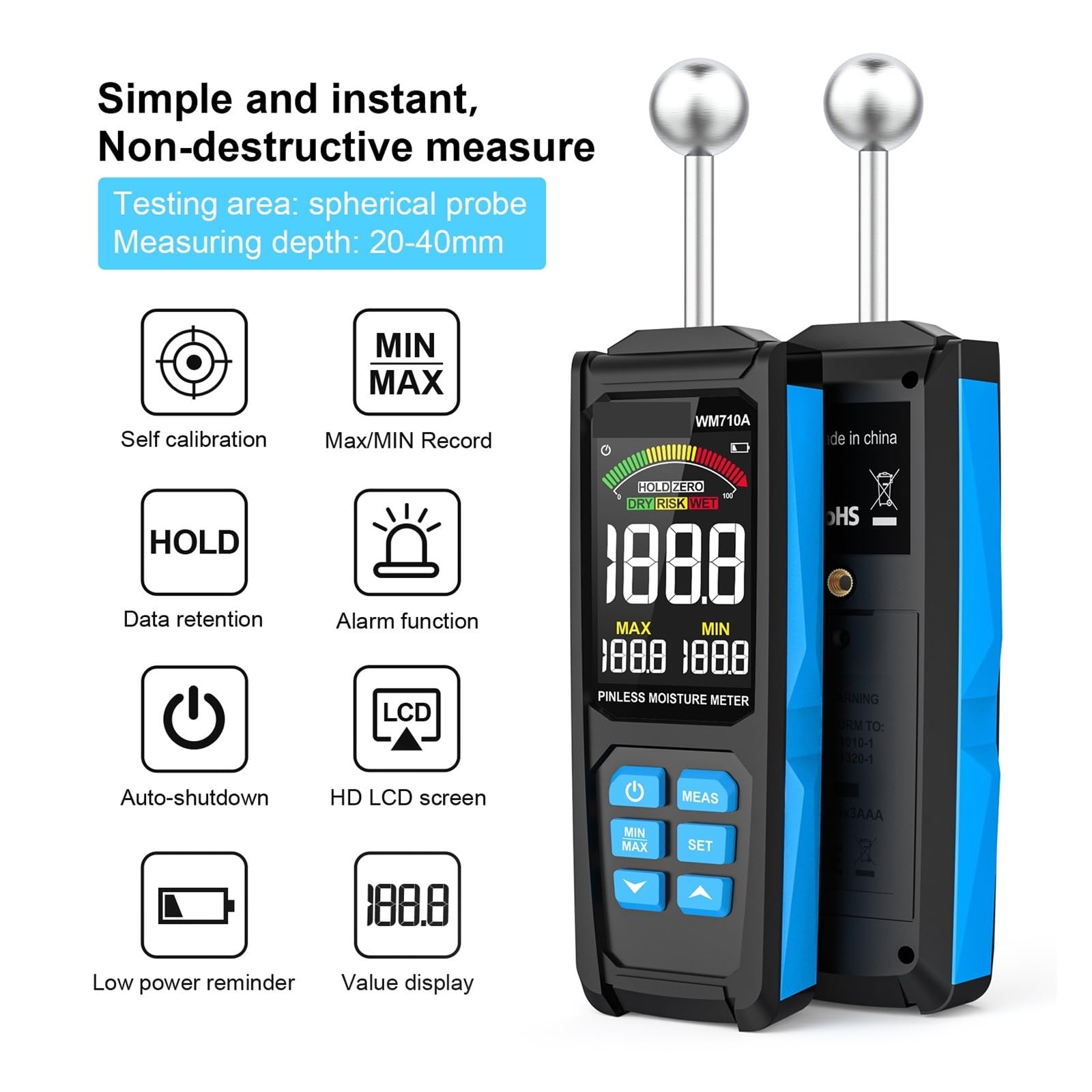 Igrometro Professionale Legno Legname Rivelatore di Umidità Funzione di Allarme Tester di Umidità Igrometro Sferico Senza Contatto Rilevamento di Umidità(WM700B)