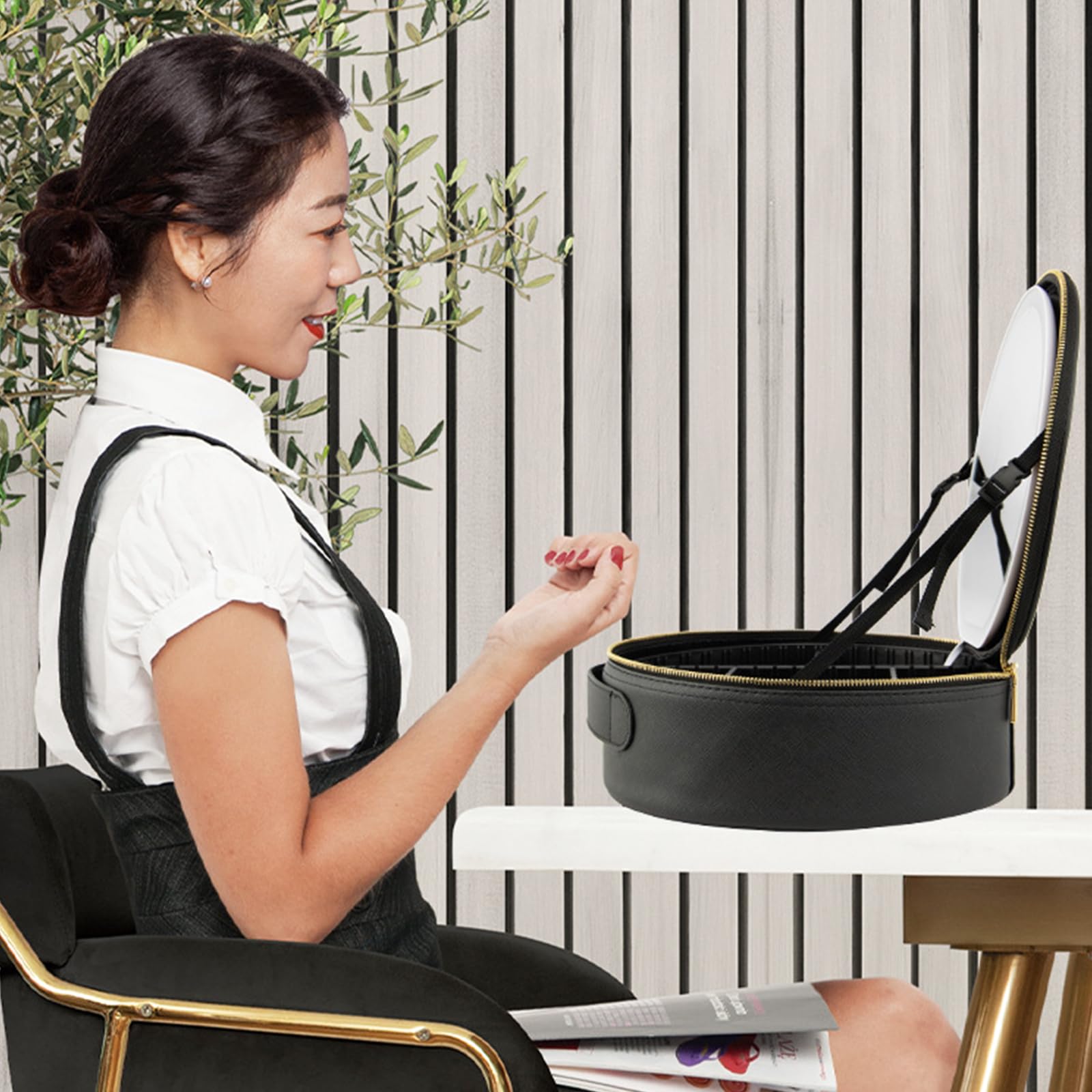 Schminktasche mit Schminkspiegel, tragbare Reise-Aufbewahrungstasche mit dimmbarem LED-Spiegel, Touch-Steuerung, Aufbewahrung von Hautpflege- und Schminkprodukten