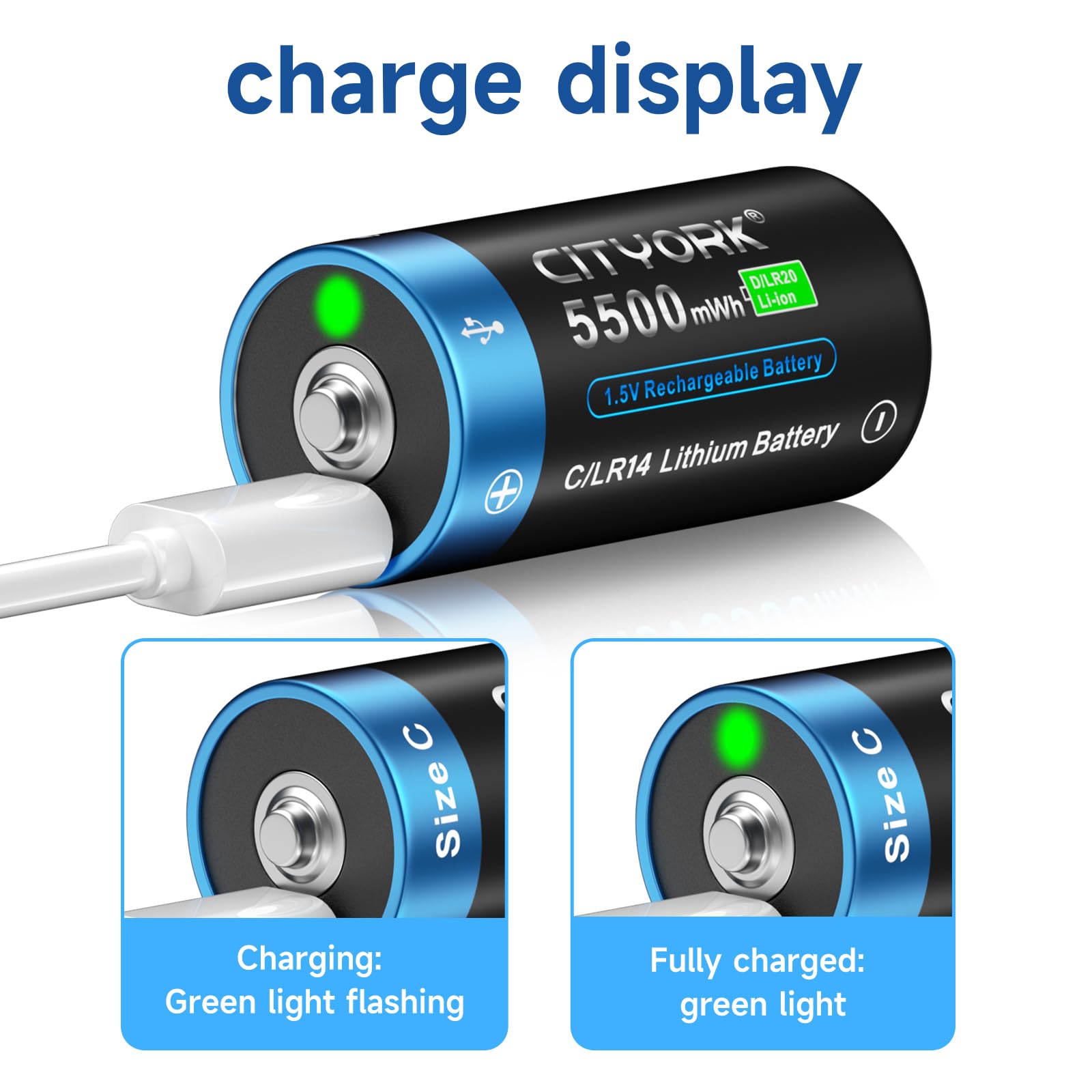 CITYORK Lot de 8 batteries rechargeables Baby C 5500 mWh 1,5 V avec USB-C - Batterie lithium-ion LR14 C - Charge en moins de 2 heures - Plus de 1000 cycles - Avec câble de charge de type C -