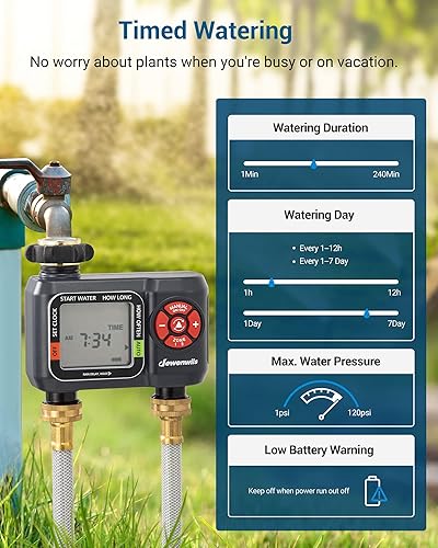 Miniatura 5 de DEWENWILS Temporizador de rociadores de 4 zonas y 2 zonas, temporizador de agua para manguera de jardín con retardo de lluvia, temporizador de riego
