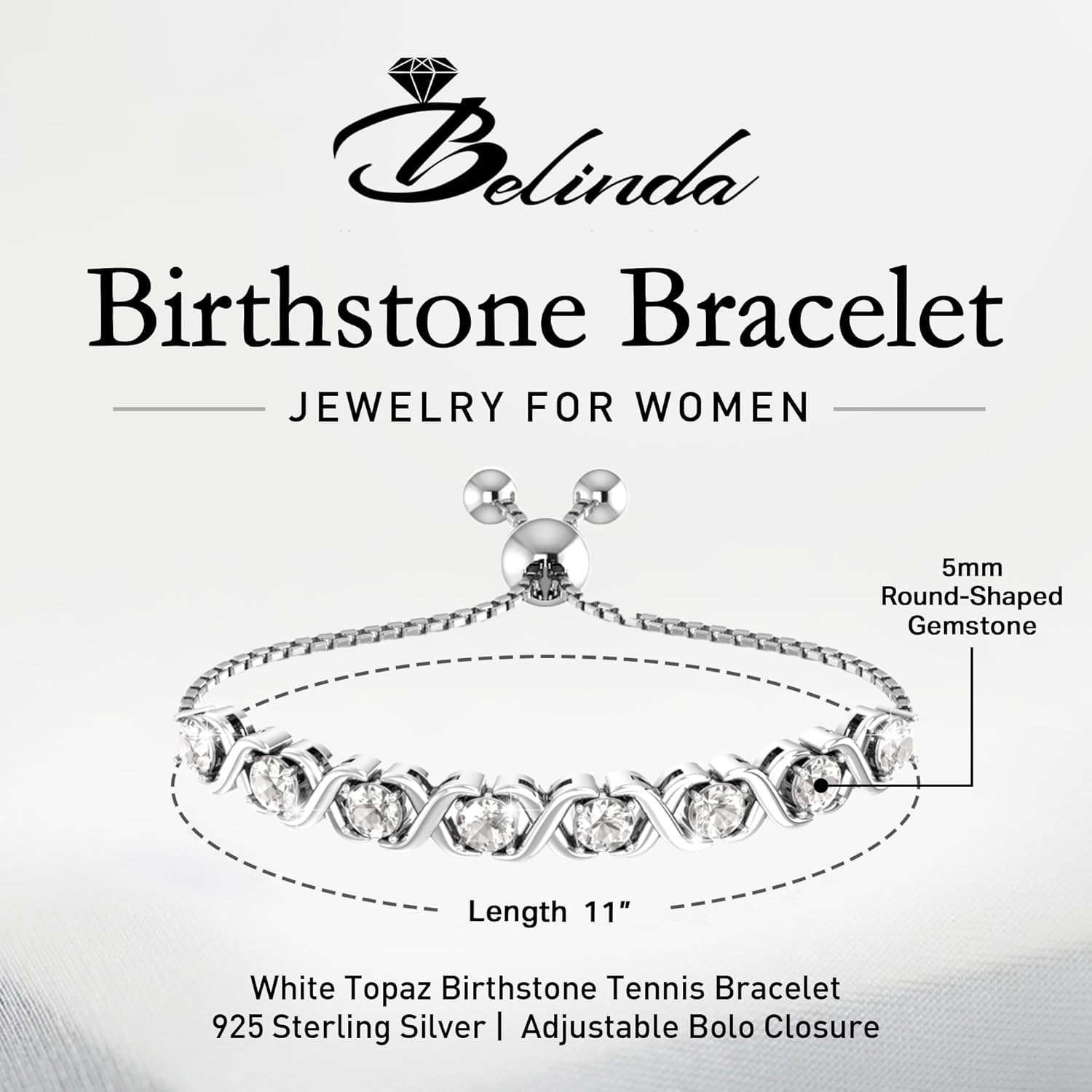 Birthstone Bangle Bracelet for Women Classic Beautiful 925 Sterling Silver Sparkling Gemstone XO Bolo Tennis Bracelet Fine Wrist Jewelry 4.2 Ct, 11"