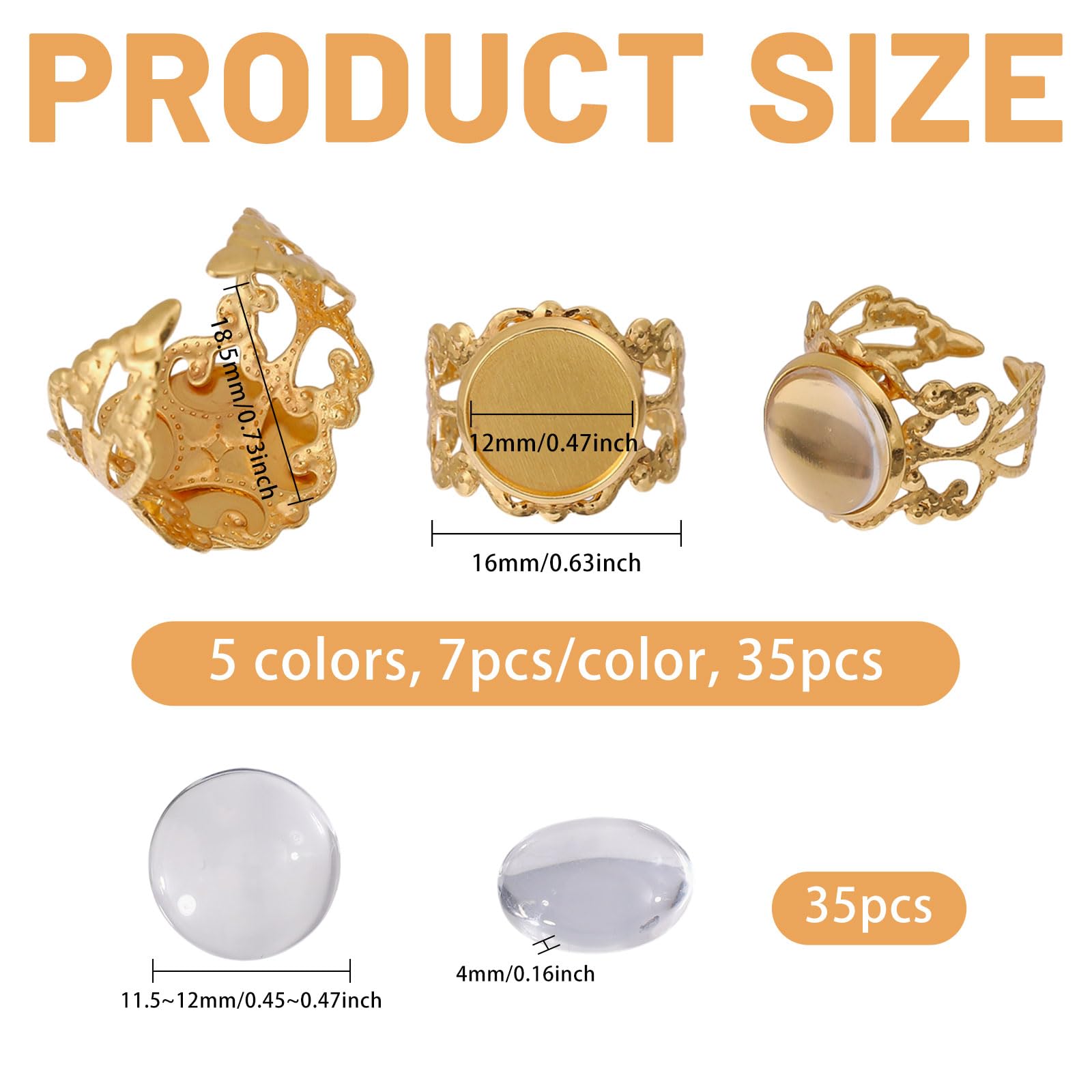 35 unidades de base de anillo de metal ajustable en 5 colores, kit de construcción de anillo de dedo, cabujón, base vacía, almohadilla plana con 35 cabujones de cristal para la fabricación
