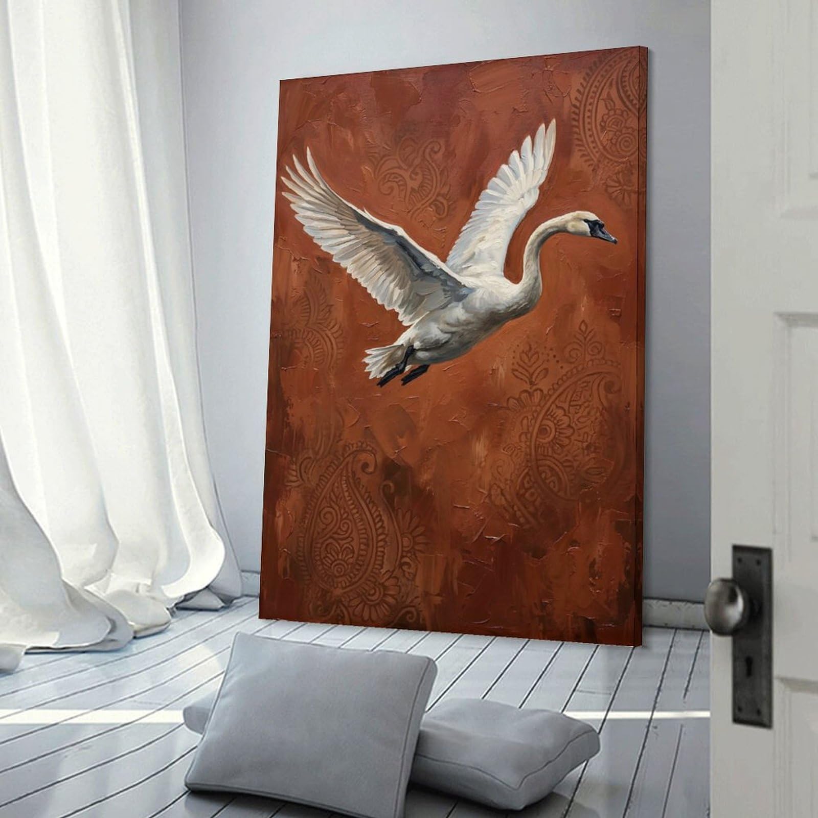 White Swan in Flight with Paisley Background Canvas Wall Picture 20x30inch(50x75cm), for Living Room, Bedroom Or Apartment Walls, Modern Wall Decor for Cosy Interiors