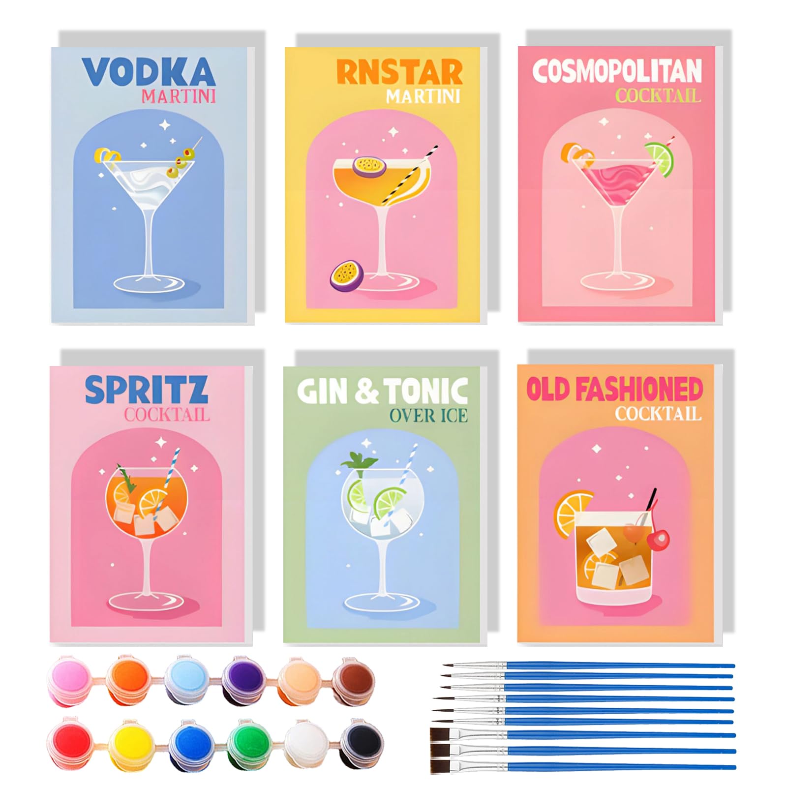 Malen Nach Zahlen Cocktail, Malen nach Zahlen Set, Cocktail-Kollektion, 6 Stück, 15 x 20 cm, Moderne Bar-Mixologie Kunst Serie (Rahmenlos, #052-6-teiliges Cocktail-Set （15 * 20cm)）