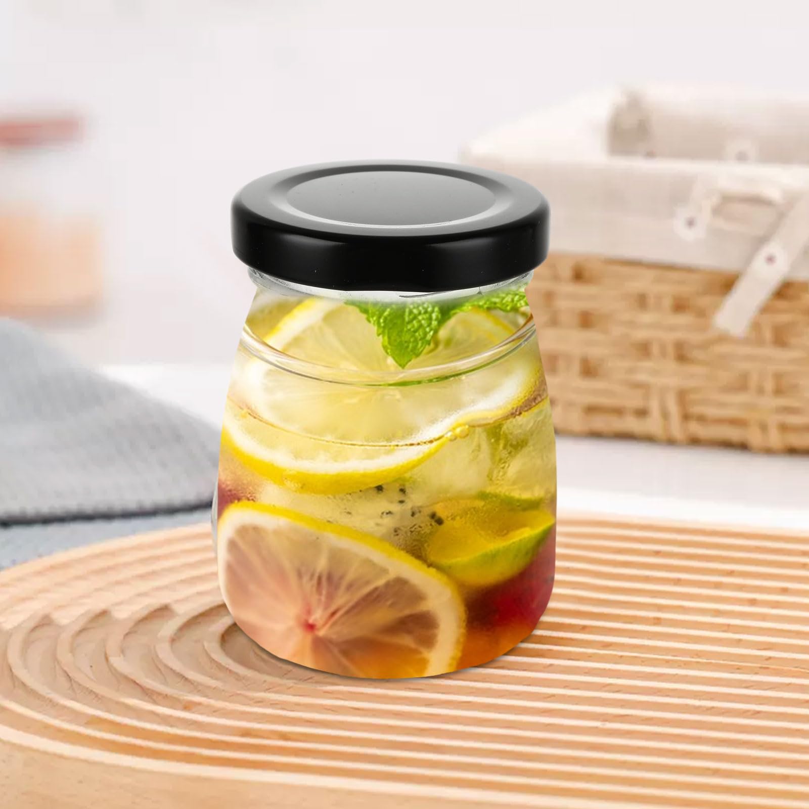 ASelected 10Pcs Clear Glass Bottles With Pretty Black Lids 100 Ml Pudding Yogurt Pots Small Jars for Snacks Candies, DIY Projects - Image 4