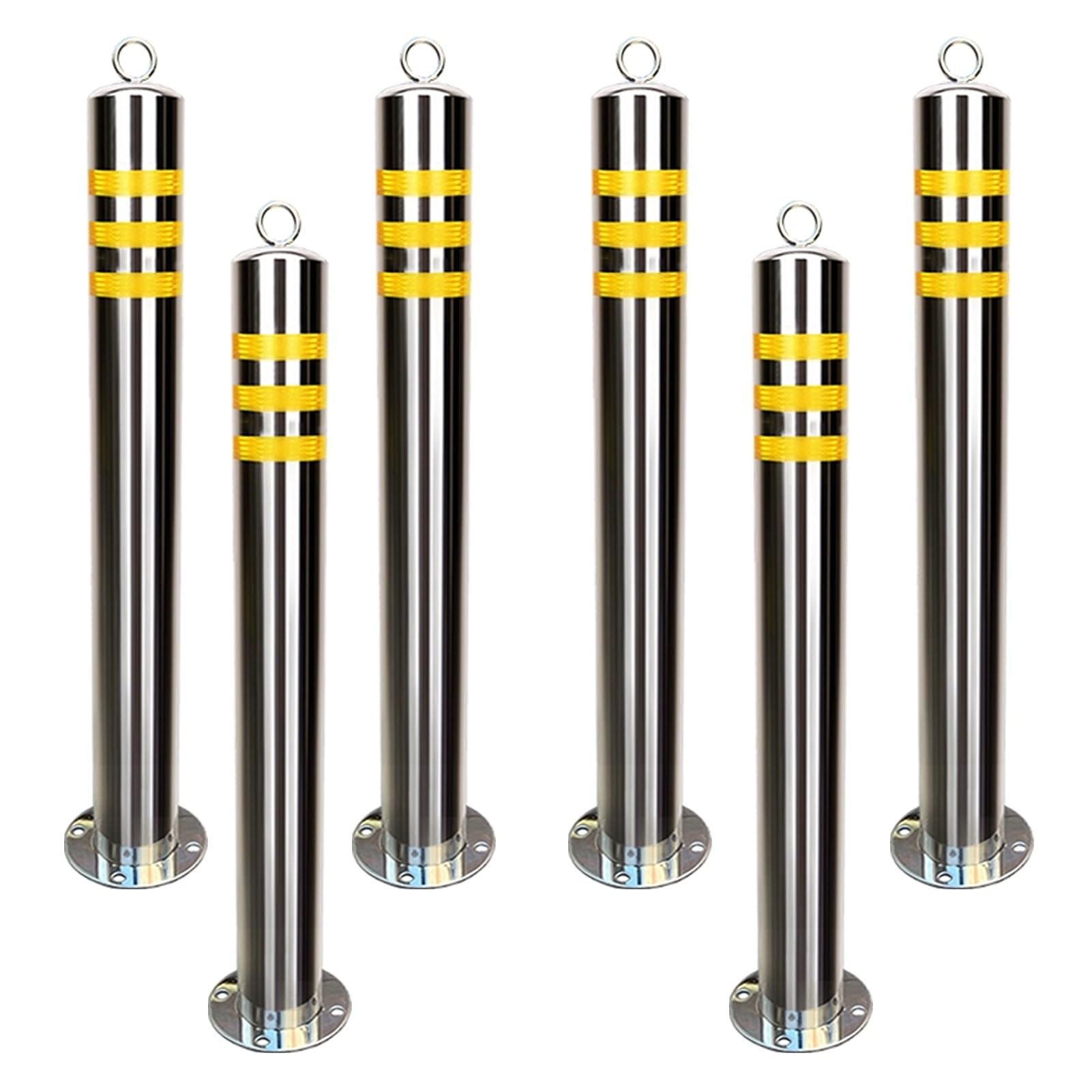 GHHVFEC Stainless Steel Security Bollards with Reflective Tape Parking Posts with Hanging Ring Traffic Control Bers for Driveways (80CM Set of 6)