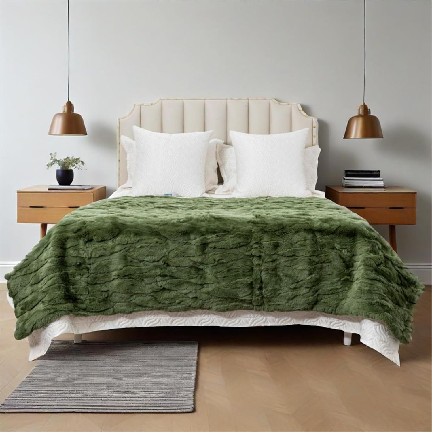 Luxury Rex Rabbit Hide Pelt Fur Throw Blanket for Couch Ultra Soft Plush Skin Warm Blanket Large Fuzzy Throw Bedspread for Sofa Bed Olive Green 55in x 78.7in