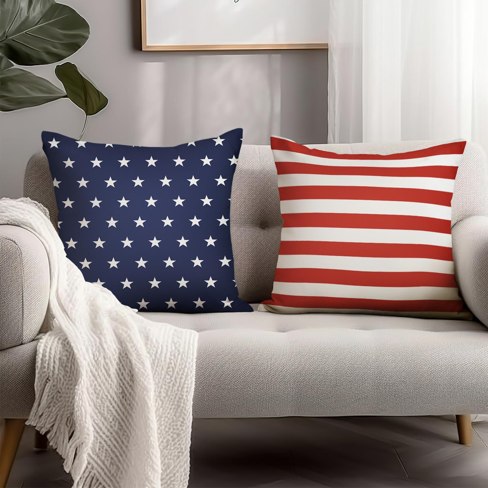 Cryfox 4th of July Throw Pillow Cover 18x18 Inch Set of 2 Patriotic Red White Stripes Blue Stars Decorative Outdoor Pillow Cover Memorial Independence