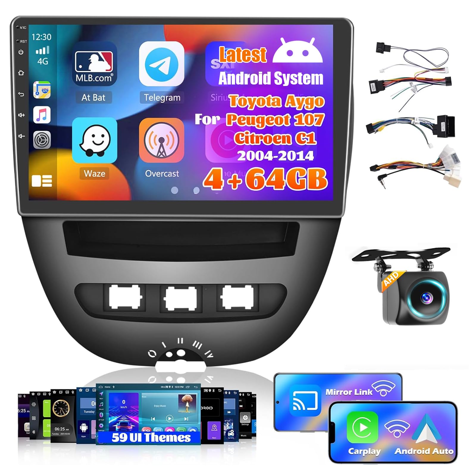 Inefala 8 Cœurs 4+64G Radio Android 15 pour Toyota Aygo/Peugeot 107/Citroen C1 2004-2014, Écran Tactile HD de 10,1 '' avec CarPlay sans Fil et Android Auto, Navigation GPS, Caméra Arrière AHD, FM/RDS