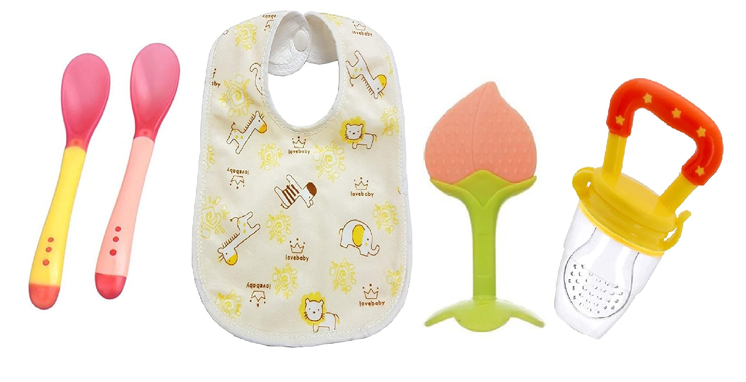 Baby Needs Items All In One 1-Baby Bib (Print May Vary) 1-Feeder 2 Color Changing Temper - Sensor Spoon and 1-Teether (Combo Pack) (Yellow)-image-26
