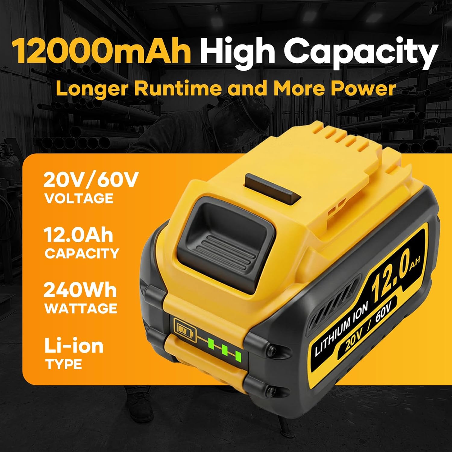 2-Pack 12.0Ah 60V MAX Battery Replacement for Dewalt, Compatible with 20V/60V/120V MAX Cordless Power Tools, Replaces DCB612 DCB606 DCB609, Extended Runtime & Overload Protection (2 Pack)