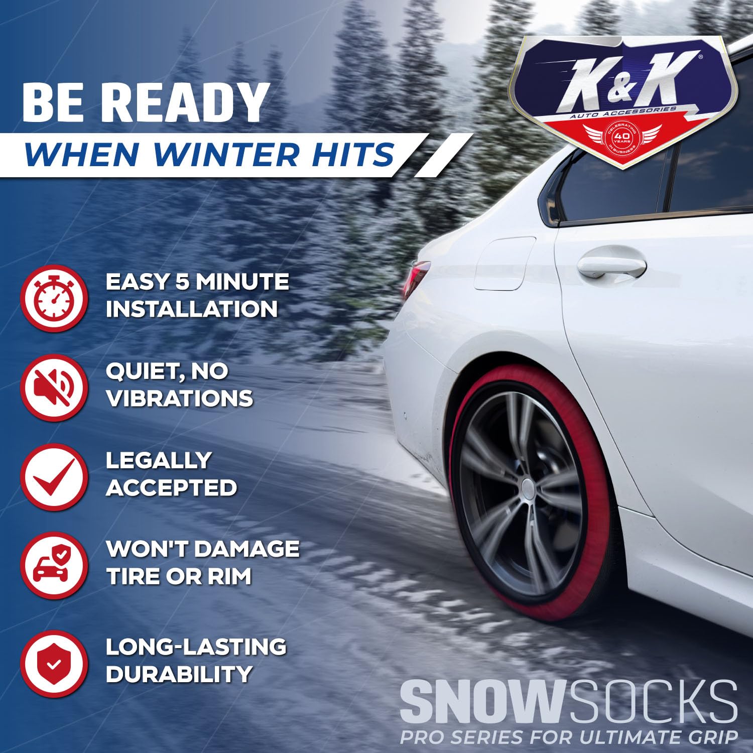 K&K Auto Accessories Snow Socks for Tires - Pro Series for Ultimate Grip Alternative for Tire Snow Chain - Snow Traction Device for Passenger Cars SUVs Trucks Winter Emergency Accessory (Medium)