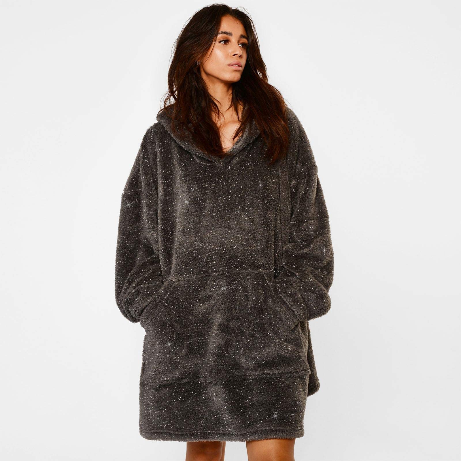 Sienna Women's Charcoal Grey Oversized Hoodie Blanket Teddy Glitter Fleece Warm Cosy Fluffy Throw Wearable Blanket Hoodie Sweatshirt With Large Pocket For Adults, One Size
