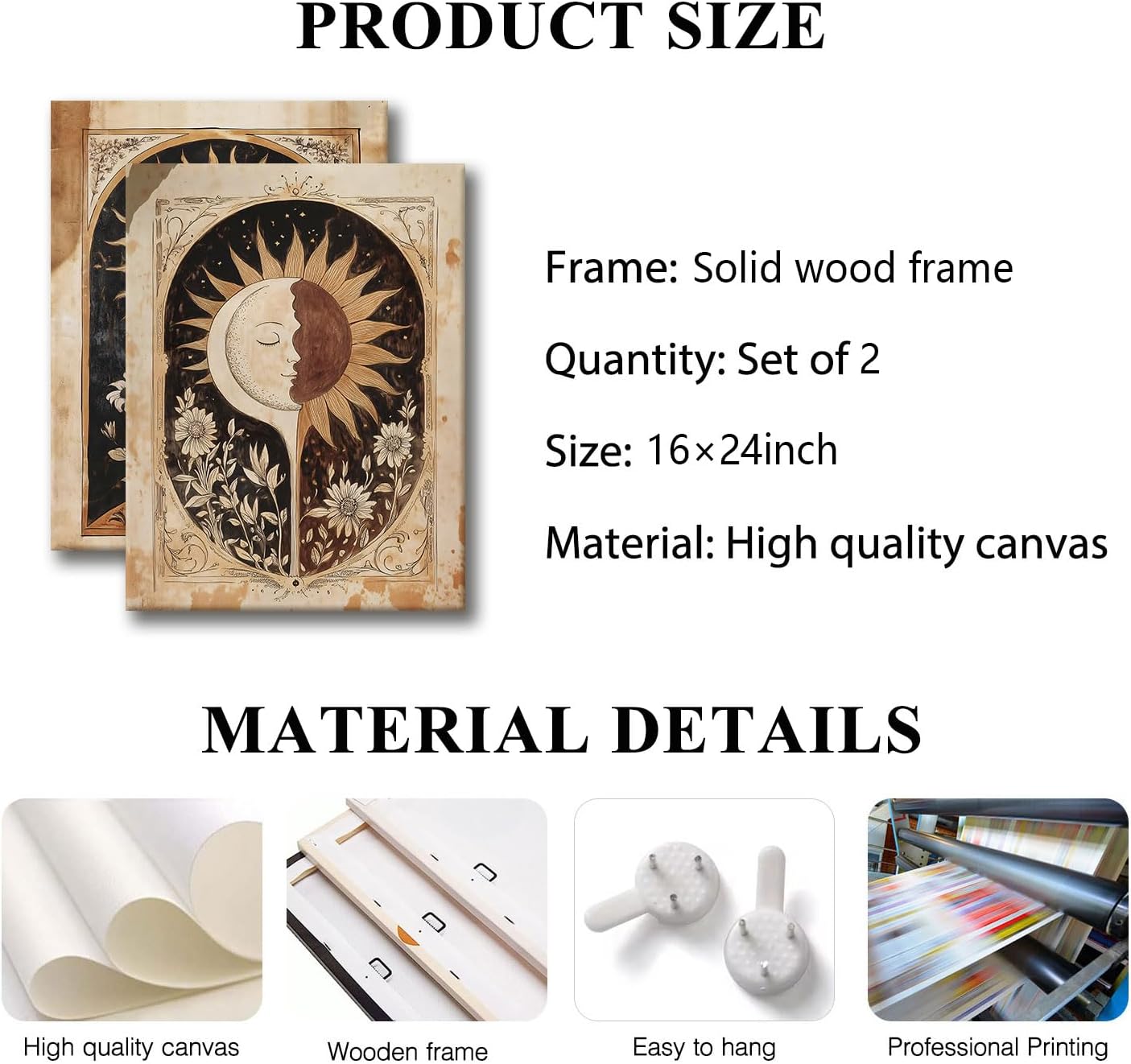 RUURUU 2Pcs Framed Vintage Mystical Celestial Floral Wall Art Sun Moon Tarot Wall Decor Gothic Cosmic Canvas Posters Prints Astrology Paintings Pictures For Bedroom Dining Room Living Room 16x24Inch