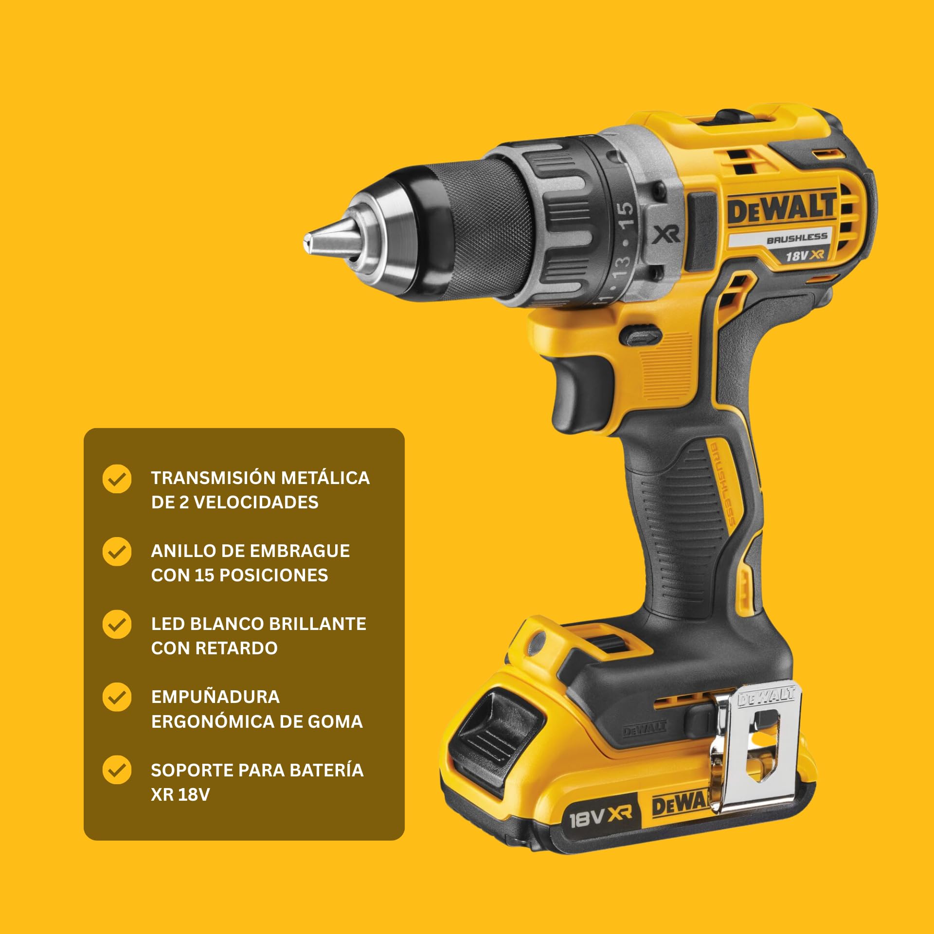 DEWALT XR 18V Taladro Atornillador Sin Escobillas, Ultraligero y Compacto, 2x Baterías 2Ah y Cargador, 70Nm, Luz LED, Maletín Resistente, Herramienta Profesional – DCD791D2-QW