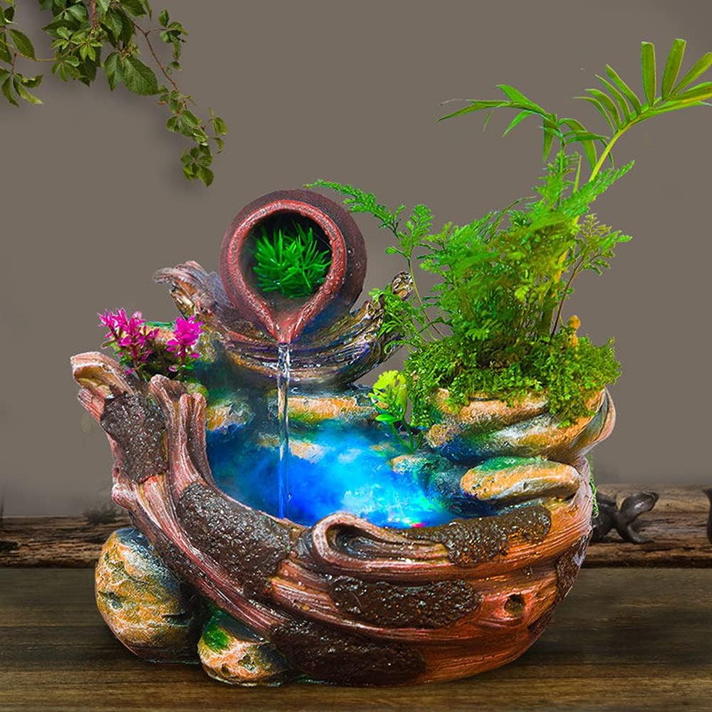 Uigerl Indoor Tabletop Water Fountain, Garden Pot Zen Meditation Cascading Waterfall Feature with LED Light for Home Office Bedroom Decor(12)