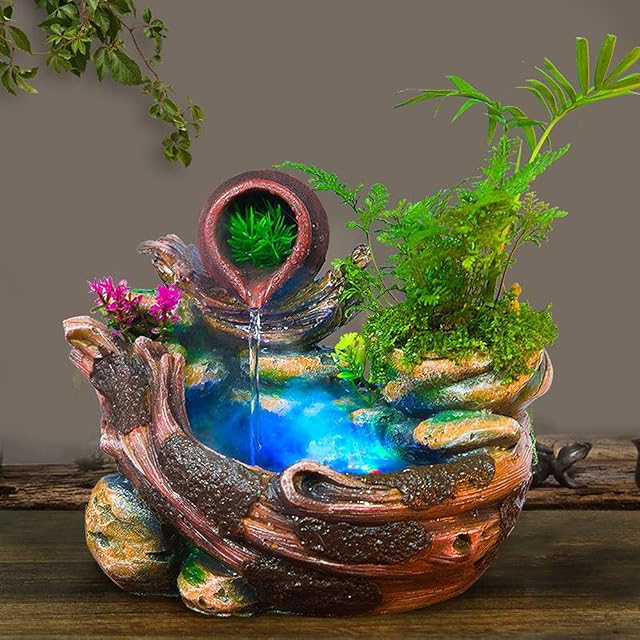 Uigerl Indoor Tabletop Water Fountain, Garden Pot Zen Meditation Cascading Waterfall Feature with LED Light for Home Office Bedroom Decor