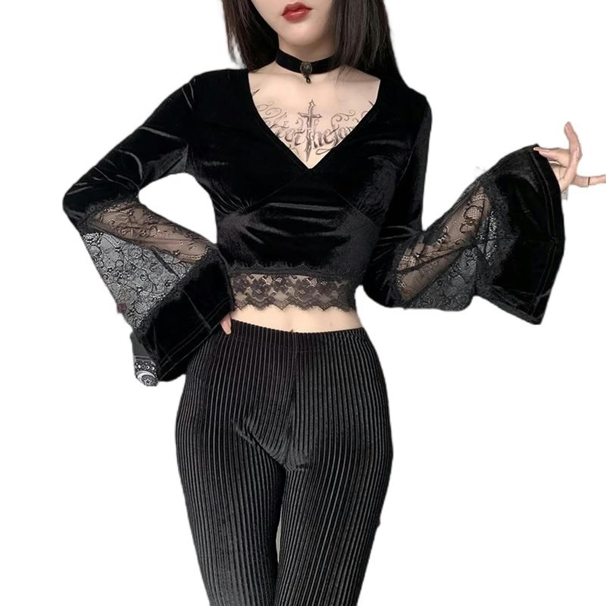 Blusa Elegante de Verano con Escote en V, Mangas Acampanadas, Encaje y Retazos, Cintura Alta, Color Negro, M