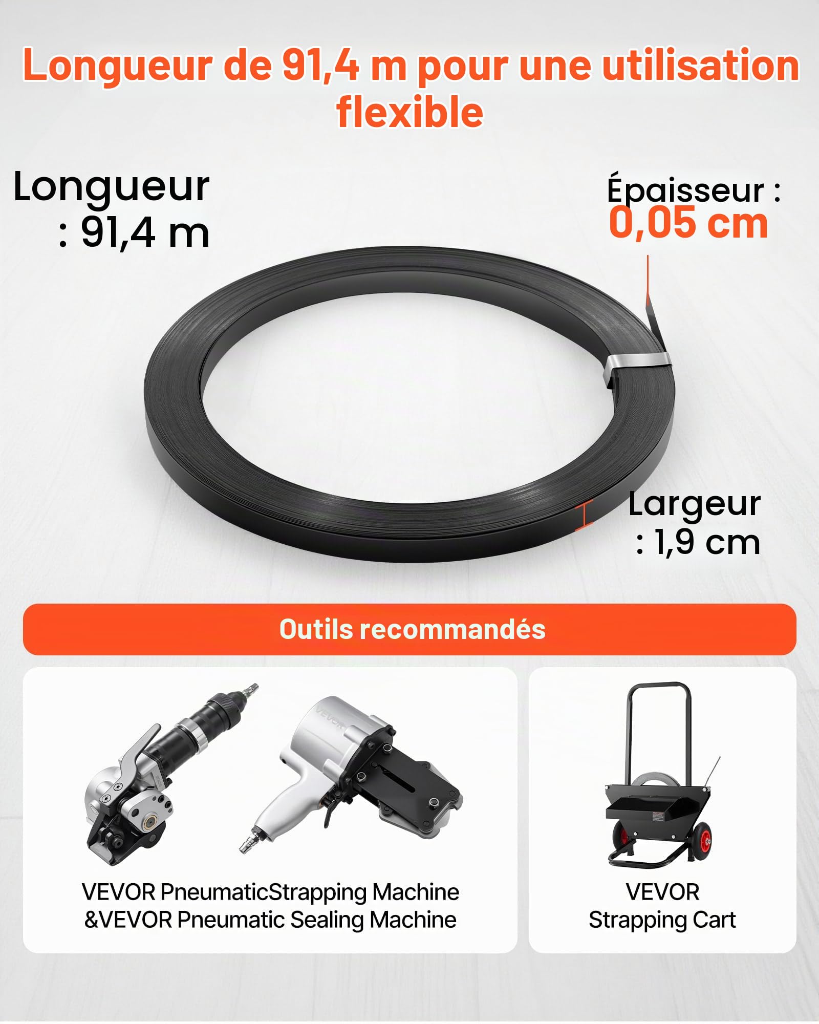 VEVOR Rouleau de cerclage en acier d'emballage, 19 mm x 0,55 mm x 91 m, bobine de cerclage robuste, résistance à la rupture de 775,6 kg, sangles métalliques d'emballage pour palettes et pierres, noir