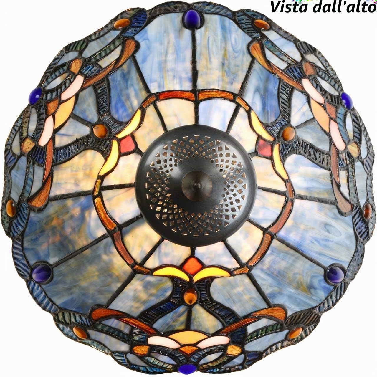 Bieye L30683 Lampada da tavolo in vetro colorato in stile Tiffany barocco, luce notturna con paralume blu largo 12 pollici per comodino, camera da letto, soggiorno, altezza 20 pollici