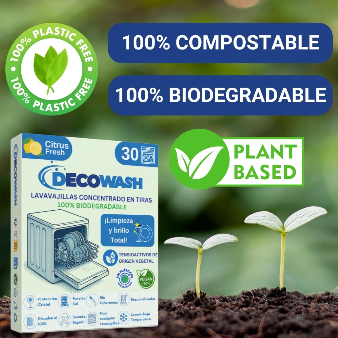 Detergente Lavavajillas Ecológico en Tiras (Máximo 600 Lavados) - Sin Plásticos, Fosfatos ni Cloro. Biodegradable, Vegano y Seguro. Limpieza, Abrillantado, Protección y Cuidado Antical