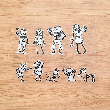 Zombie Stick Family Figure Pet Dog Car Truck Bumper Sticker Decal Vinyl - Set of 9 Reflective - White Background