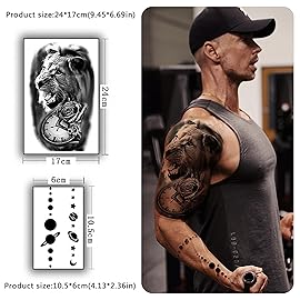 Yazhiji 32 Sheets Temporary Tattoos Stickers, 8 Sheets Fake Body Arm Chest Shoulder Tattoos for Men Women with 24 Sheets Tiny Black Temporary Tattoos