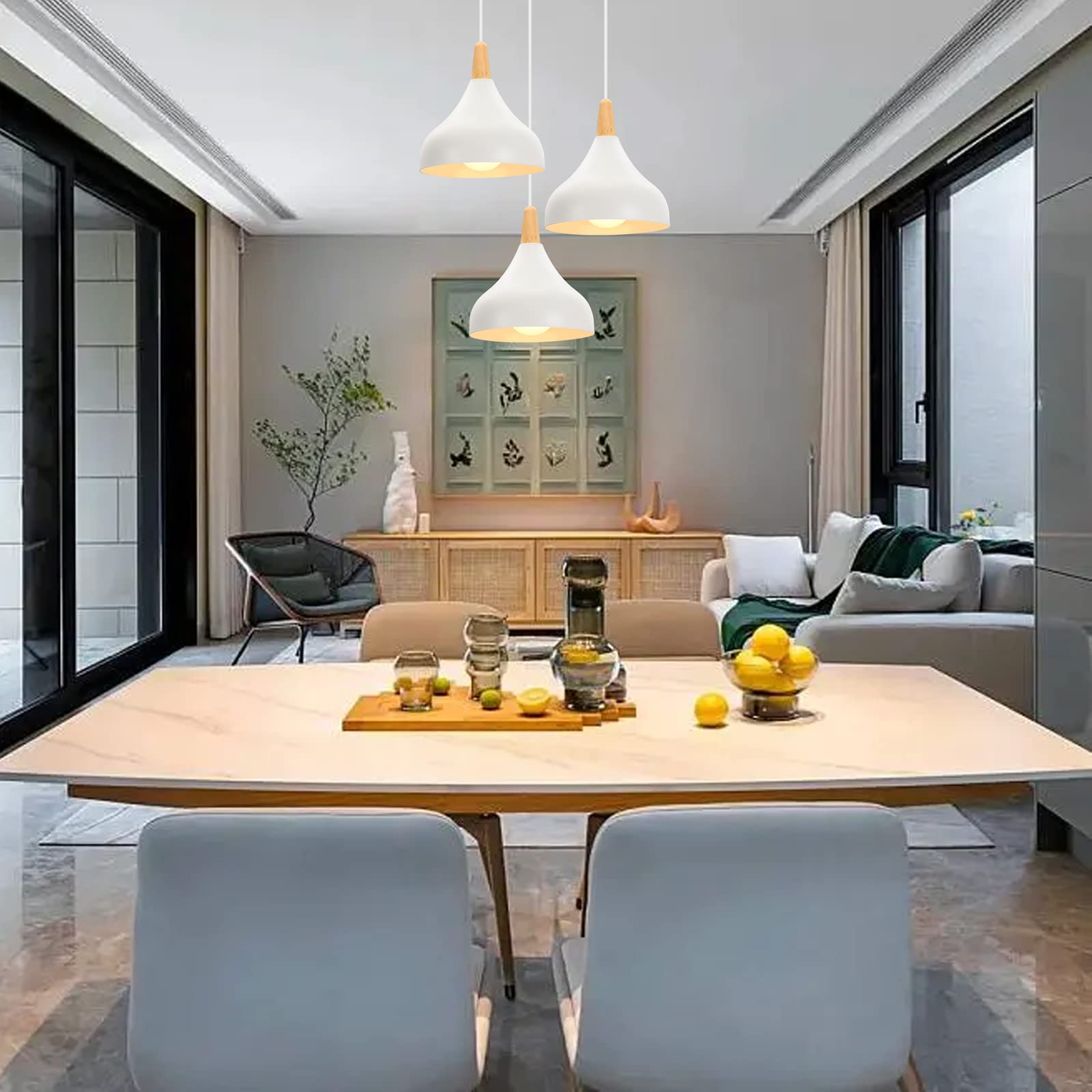 iDEGU 3 Luci Lampadario a Sospensione Retrò LED Lampada a Soffitto in Legna Metallo Moderna Lampada a Sospensione Stile Scandinavo Plafoniera per Soggiorno Camera Sala da Pranzo (Bianco, Rotondo)