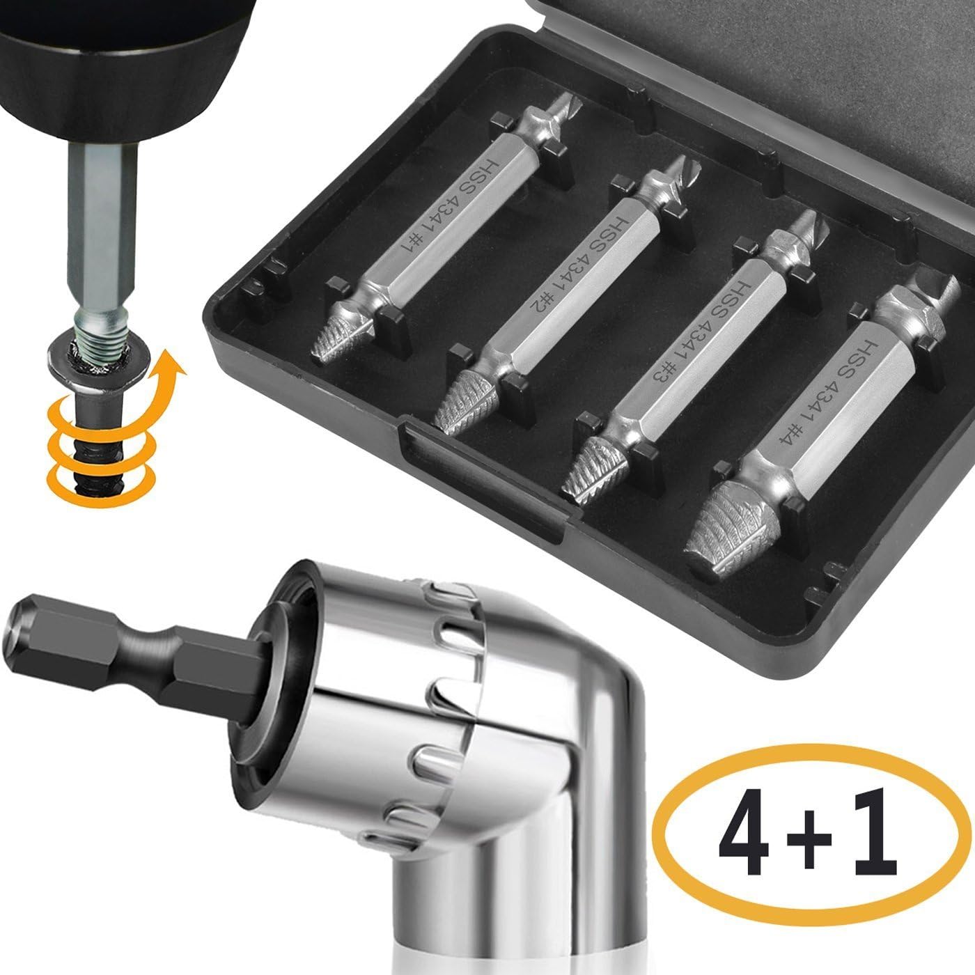 Apriller Damaged Screw Extractor Screwdriver Bits Stripped Screw Remover Set Bolt Extractor Screw Extractor Tool for Removal of Broken or Damaged Screws 105 °Angle Extension + 4 Pieces of Drills