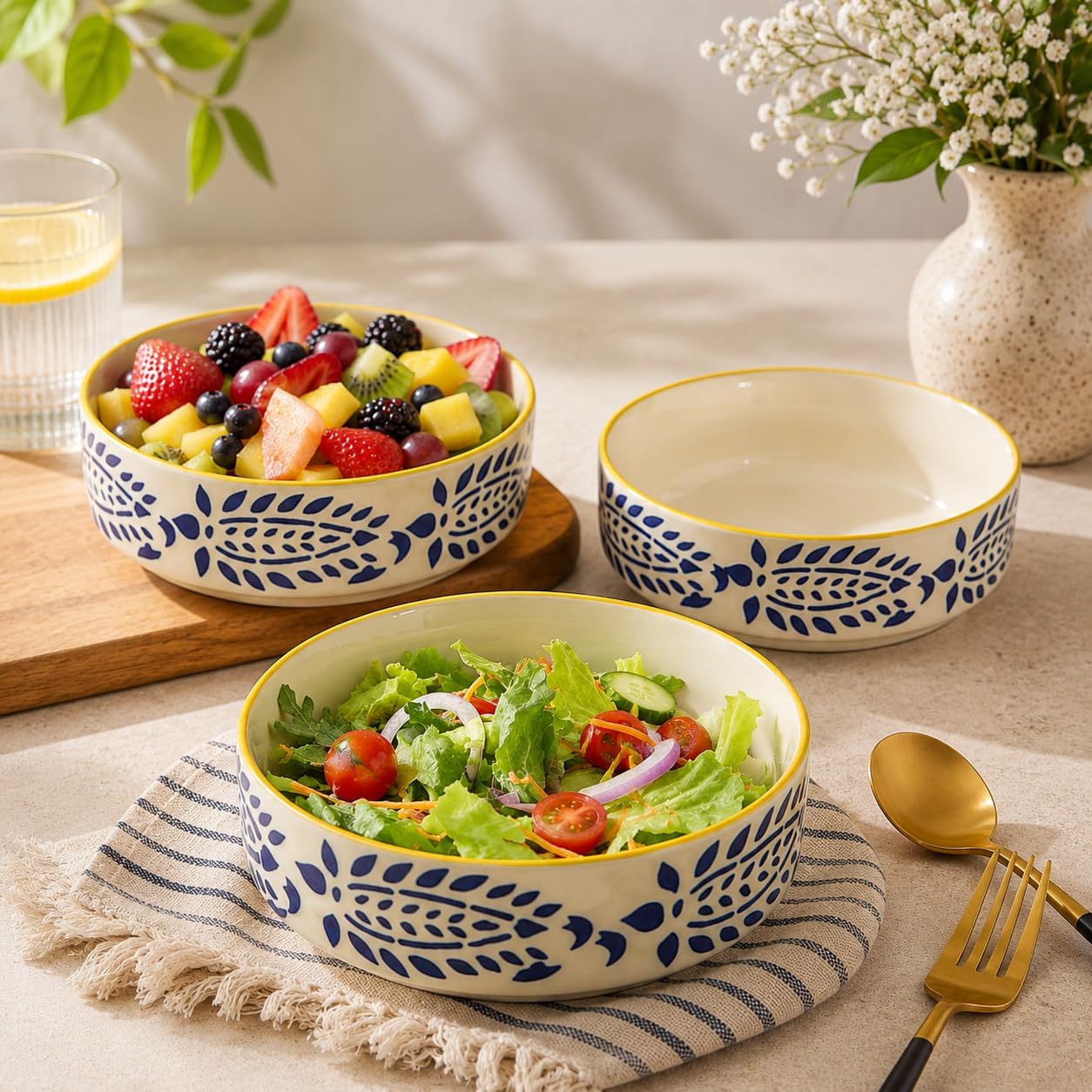 Praahi Lifestyle Premium Ceramic Salad Bowl- Serving Snacks Ceramic Plates - Set of 3- Stackable Sizes (5.5 inch, 6.5 inch, 7.5 inch) Microwave Safe, Yellow and Blue | Best Gift