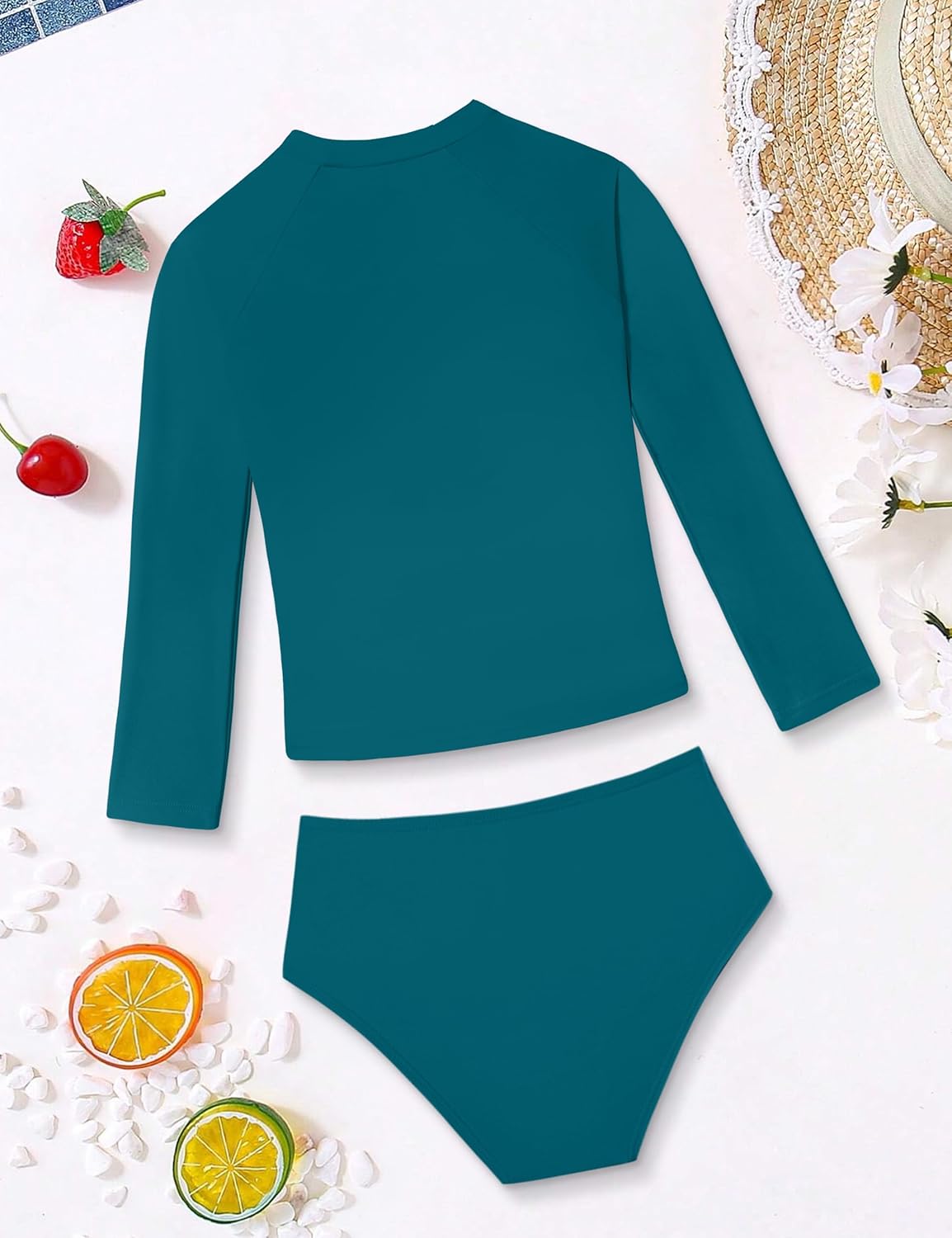 Girls Rash Guard Swimsuit Long Sleeve Swimsuit Color Block Two Piece Bathing Suit for Girls UPF 50+ Padded Swimwear