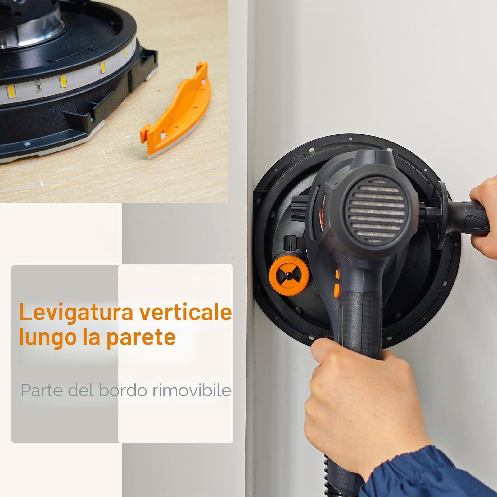MAXXT Levigatrice manuale per cartongesso, 810 W, smerigliatrice elettrica per pareti, 1500-2800 giri/min, velocità variabile, aspirazione regolabile, levigatura grossolana/fine, 8 pezzi