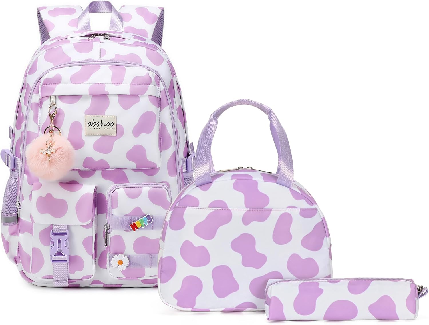 abshoo Big Student Backpack For School Teen Girls Middle High School Bookbag Elementary Backpacks with Lunch Bag (Cow Print Purple)