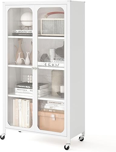 Miniatura 10 de Giantex Estantería con puertas, estantería de 4 niveles de 58 pulgadas de alto con ruedas, estantes ajustables, marco de metal resistente, gabinete