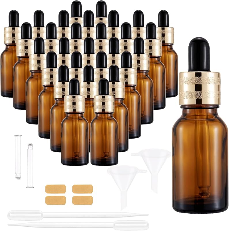 Njvial Frascos de Vidro Âmbar com Conta-Gotas e Tampas Douradas, 15 mL, Pacote com 30