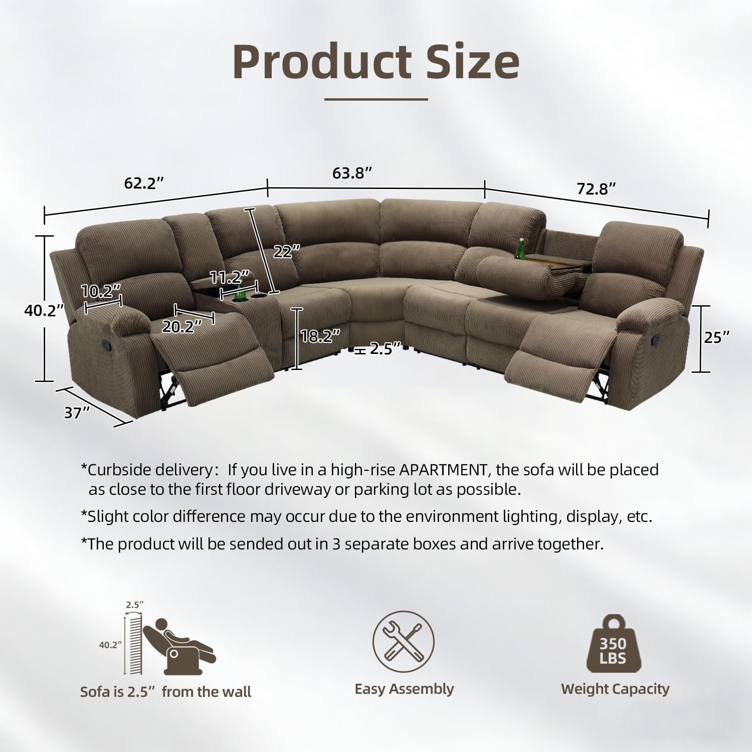 Manual Reclining Sectional Sofa Set, Living Room Furniture Sets, 6 Seats Corduroy Recliner Corner Sectional Couch with Cup Holders, Storage Console for Office/Home Theater (Coffee Brown)