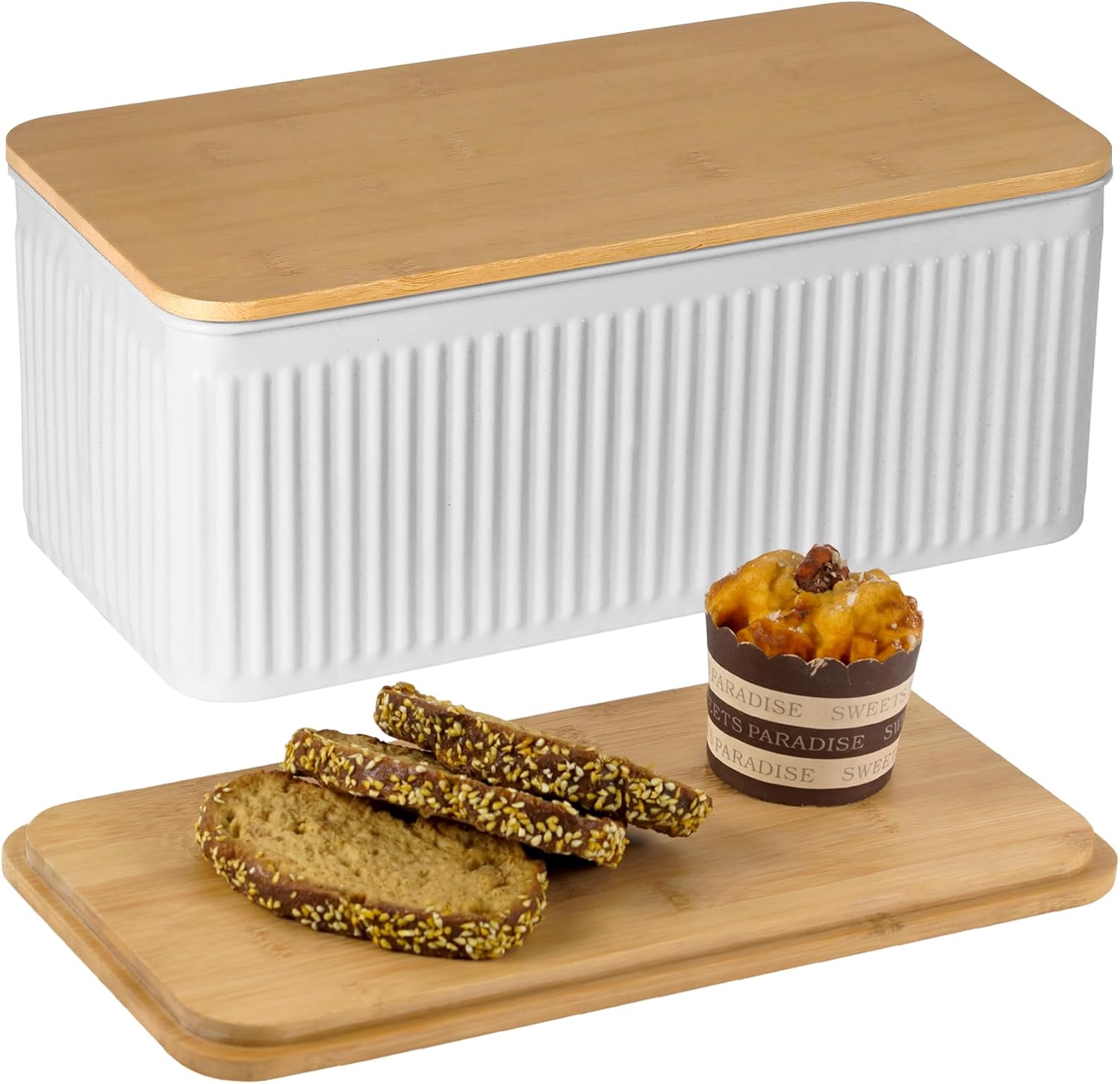Large Bread Box for Kitchen Countertop Corner Breadbox for Homemade Bread Metal White Vertical Stripe Pattern Embossed Bread Storage Container Bin with Bamboo Lid