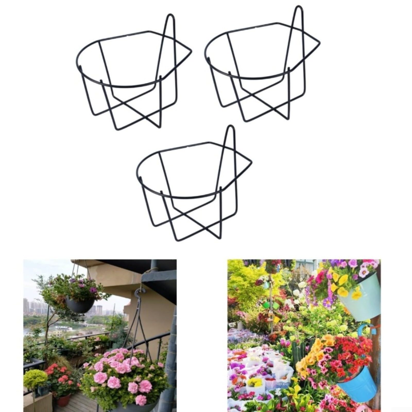 Juego de 3 soportes de pared de hierro negro para macetas, Polisheh de forma segura, perfectos para balcón, jardín y decoración de interiores