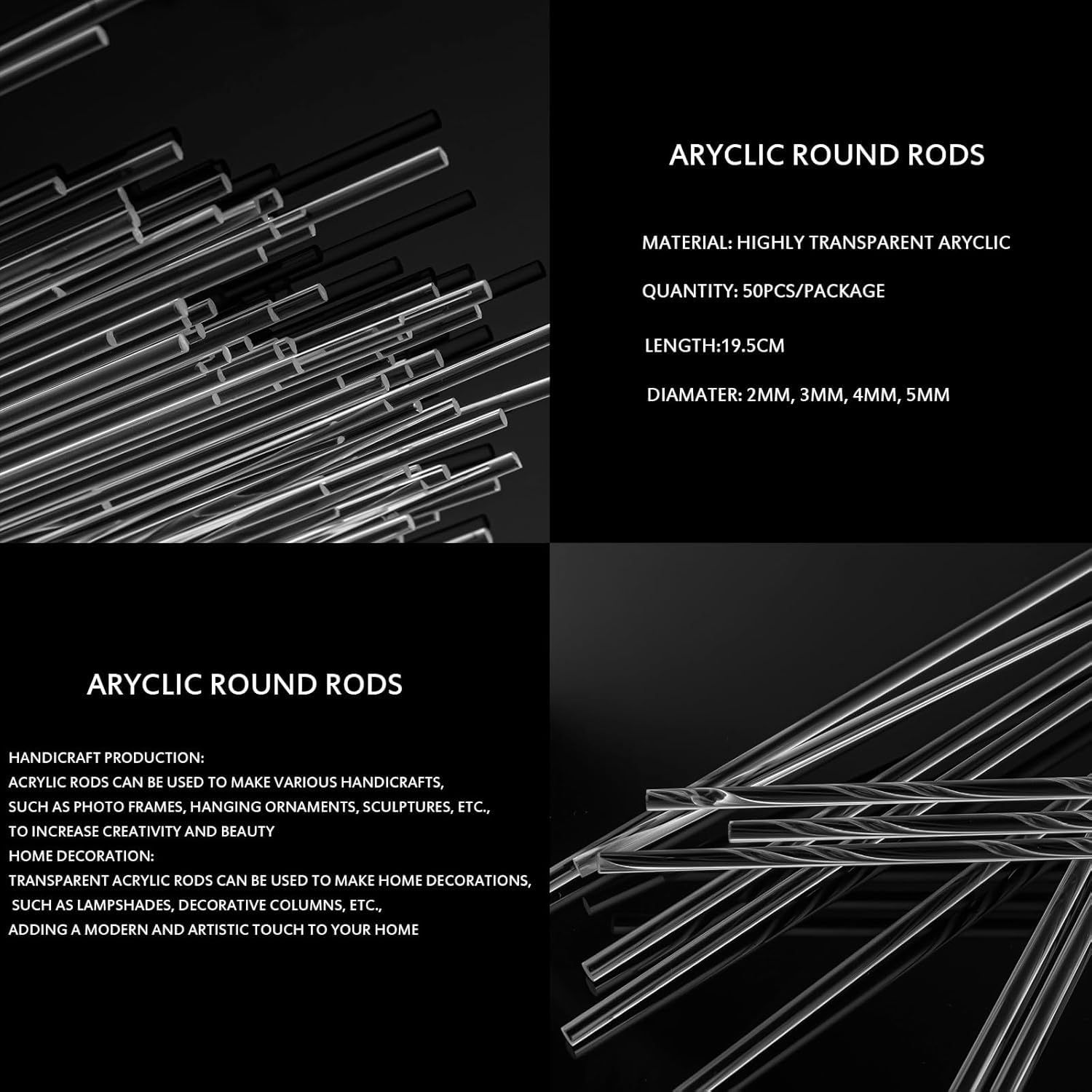 Okrągłe Pręty Akrylowe 50 Szt. Akrylowe Patyczki Długość 19,5 Cm Materiał Diy Dekoracja Kwiatowa Średnica 2 Mm-5 Mm Przezroczyste Akrylowe Kołki, One Color, 5mm