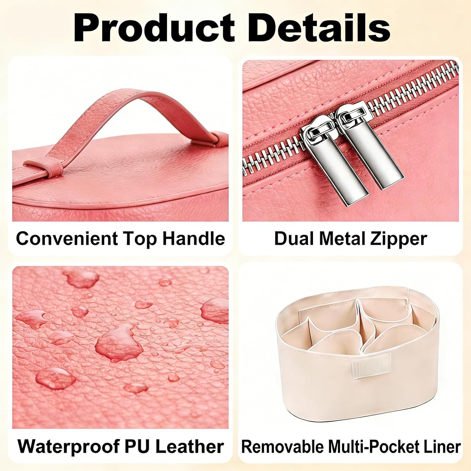 Round Leather Makeup Bag - Waterproof Travel Cosmetic Organizer with Compartments, Small Vanity Case for Women (Pink)