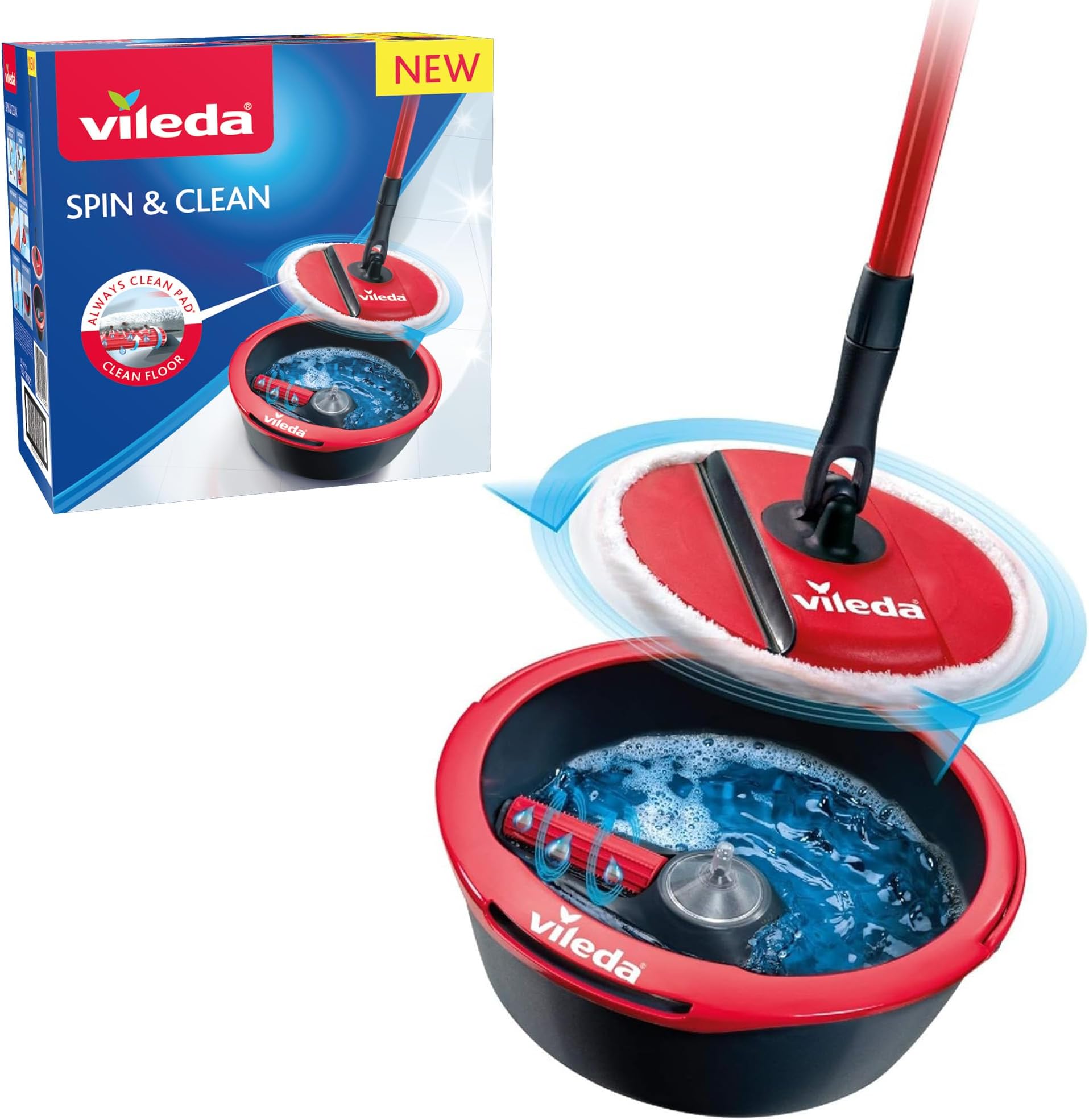 – Vileda Spin & Clean System Mop and Bucket Set with 360° Spinning Mop for Cleaning Floors | Foldable Head to Clean Skirting Boards | Rotating Head for Hard to Reach Areas | Easy to Empty Spout