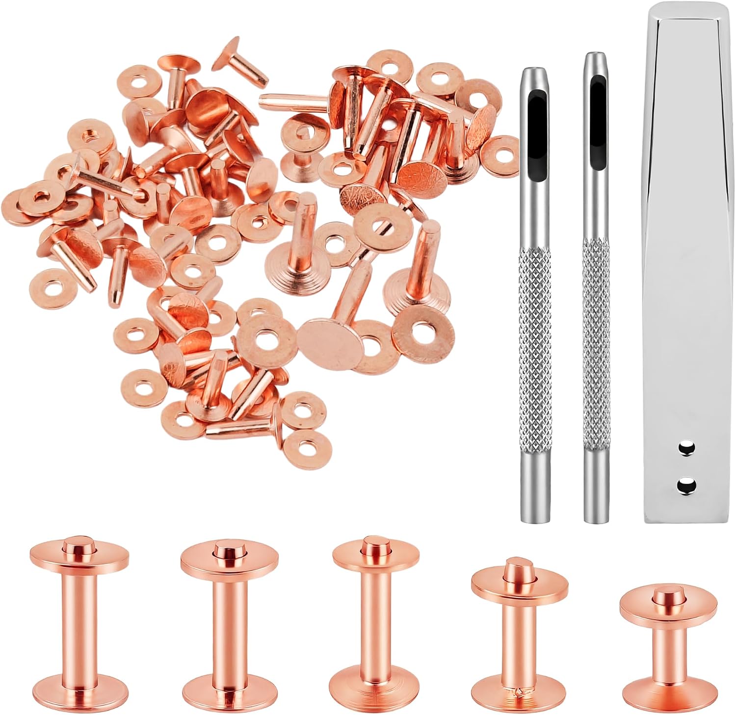 Axigundaone 50 Pcs Copper Rivets for Leather, 5 Size Copper Burrs Rivets with Rivets Fastener Tool and Hole Punch Cutters, Copper Rivets Craft for Making Clothes, Belts, Bags