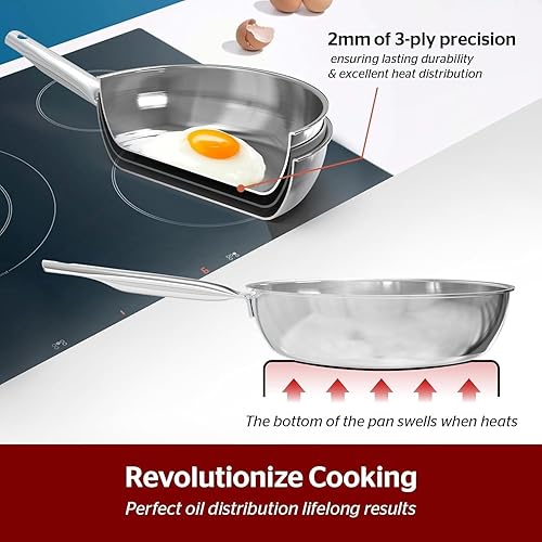 Miniatura 3 de Sunhouse Sartén de acero inoxidable de tres capas de 10 pulgadas, sin revestimientos, con mango que se mantiene fresco para cocinar, duradera y apta