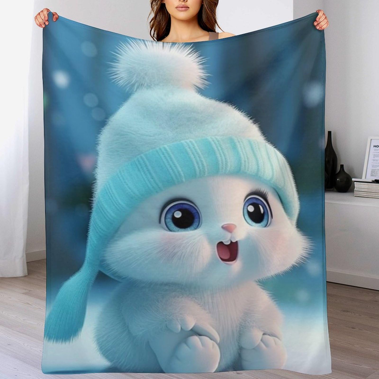 Linge de lit couverture motif lapin en polaire flannel douce pour couvre-lit et plaid canapé