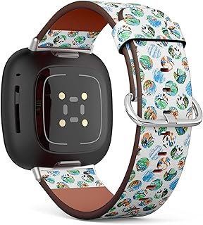 CJBROES Replacement Leather Watch Band, Compatible with Fitbit Versa 3 and Fitbit Sense of Wristband Bracelet Accessory - Crayon Flower Leaves Circles