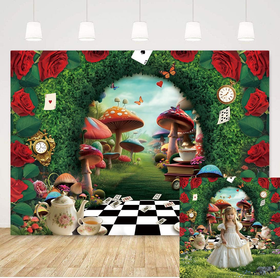 Wonderland Backdrop for Photography Wonderland Tea Party Decorations Red Rose Green Leaf Fairy Tale Birthday Background for Kids Baby Shower Newborn Portrait Photo Props (7x5FT)
