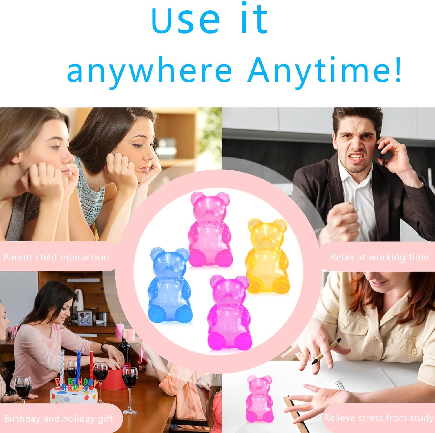 5PCS Gummy Bear Stress Toys |Sugar Filled Bear Squishy Toys|Gel Ultra Squishies High Density Squeeze Balls |Classroom Prize Party Favors Toys Tall 3.5 Inches Colors May Vary - Image 5