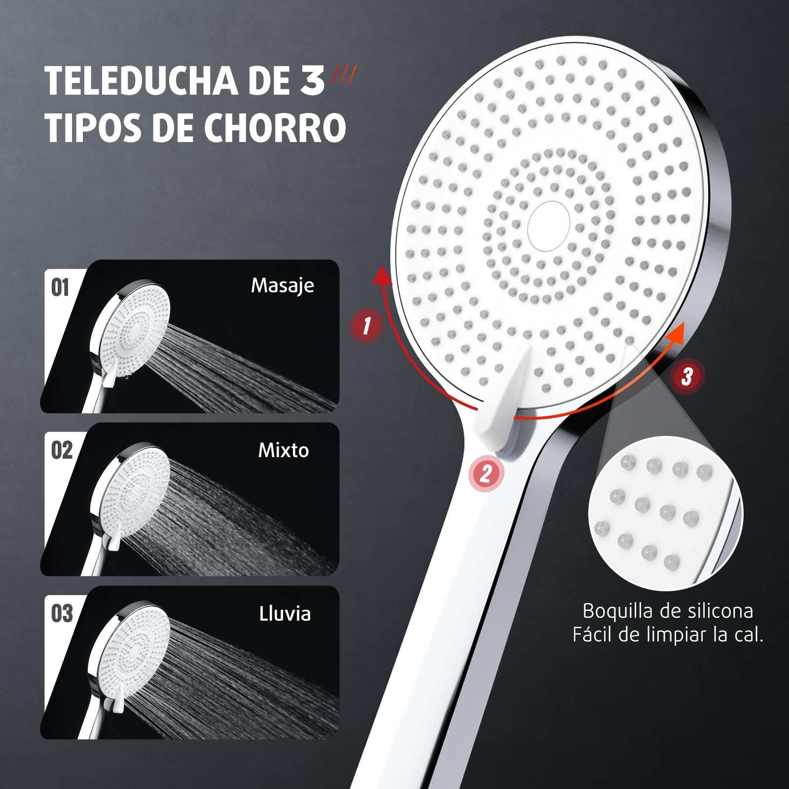 Rainsworth Sistema de ducha con grifería cromada, ducha de lluvia con grifo de latón, ducha de lluvia de 25 cm, 3 tipos de chorro, juego completo de ducha